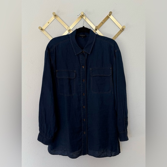 LAFAYETTE 148 Everson Long Sleeve Button Front Blouse in Linen Chambray Denim - Picture 2 of 5